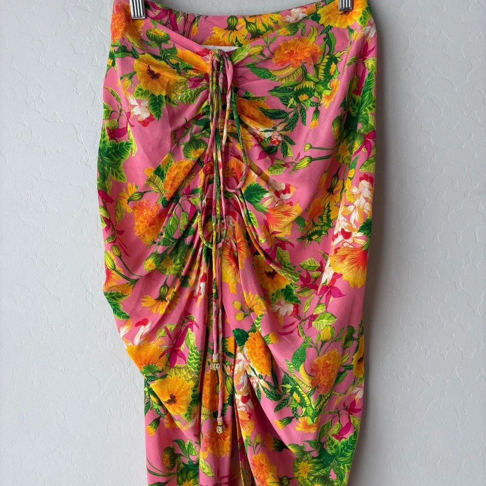 La Fuori Skirt Pink‎ Floral Print Silk Maxi Skirt w Drawstring Ruched